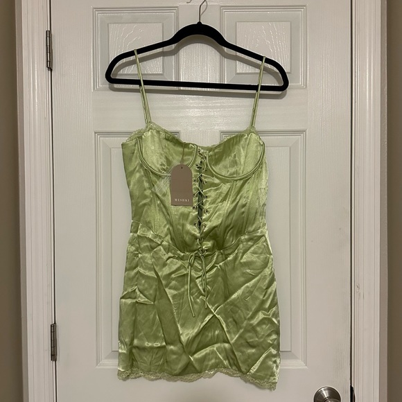 Meshki Dresses & Skirts - Meshki Light Green Satin Mini Dress